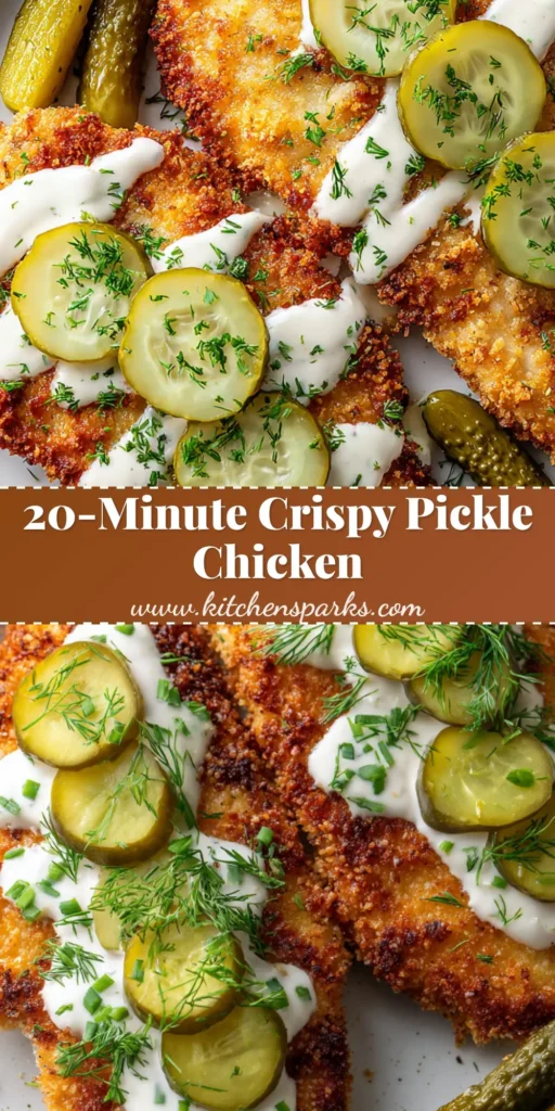 Air Fryer Dill Pickle Chicken with a Crispy Parmesan Panko Crust 4 A Pinterest Pin for Air Fryer Dill Pickle Chicken showing a crispy breaded chicken breast topped with ranch and pickle slices.
