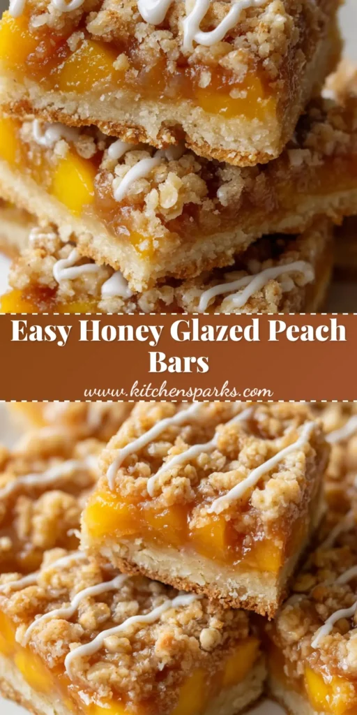 A close-up shot of square Peach Crumble Bars with a thick shortbread base, jammy peach center, and golden oat crumble, drizzled with honey.