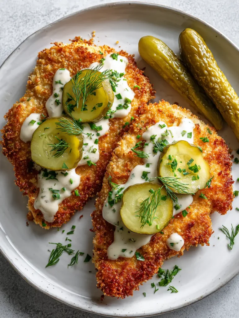 Air Fryer Dill Pickle Chicken with a Crispy Parmesan Panko Crust 2 Top-down view of two golden-brown Air Fryer Dill Pickle Chicken breasts with panko crust, ranch drizzle, and pickle rounds.