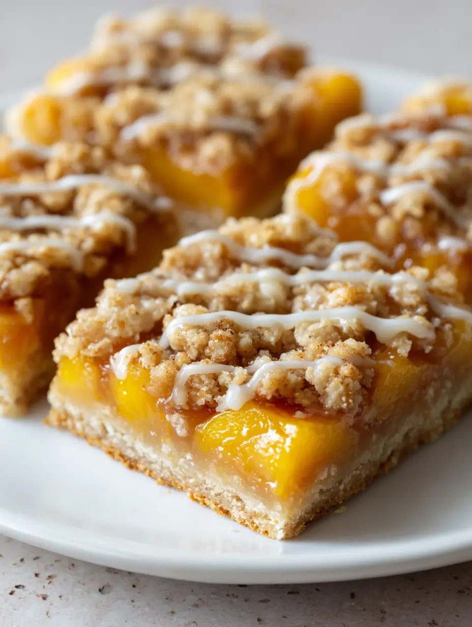 Top-down view of Peach Crumble Bars on a white plate showing the thick golden crust and chunky oat topping.