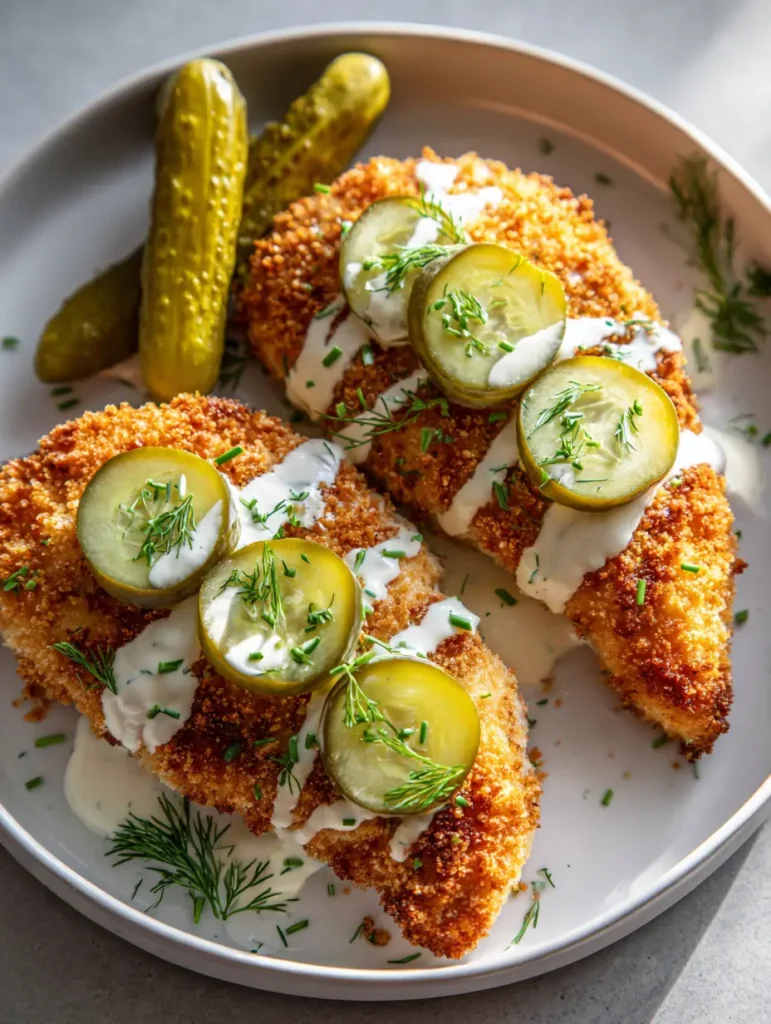 Air Fryer Dill Pickle Chicken with a Crispy Parmesan Panko Crust 1 Close-up of crispy breaded chicken with white ranch dressing zig-zags and fresh green dill garnish. (Air Fryer Dill Pickle Chicken)
