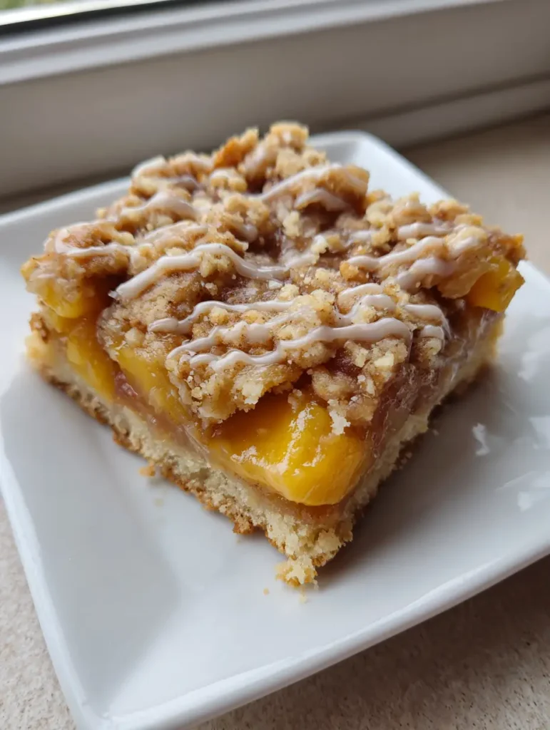 Macro shot of Peach Crumble Bars highlighting the clear glossy honey glaze drizzle.