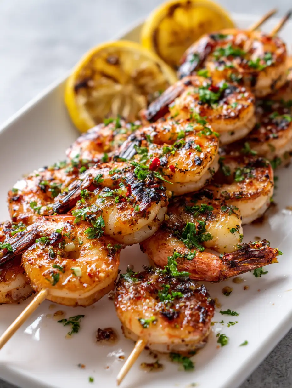 Close-up of jumbo shrimp skewers with distinct grill marks and glistening lemon-garlic oil.