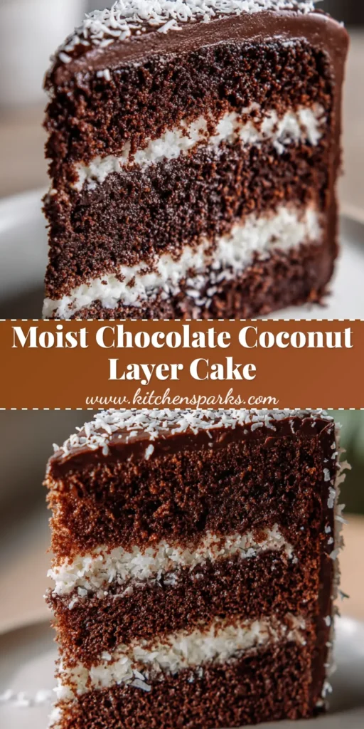 A tall slice of Chocolate Coconut Cake on a white plate with dark ganache frosting and white coconut flakes.