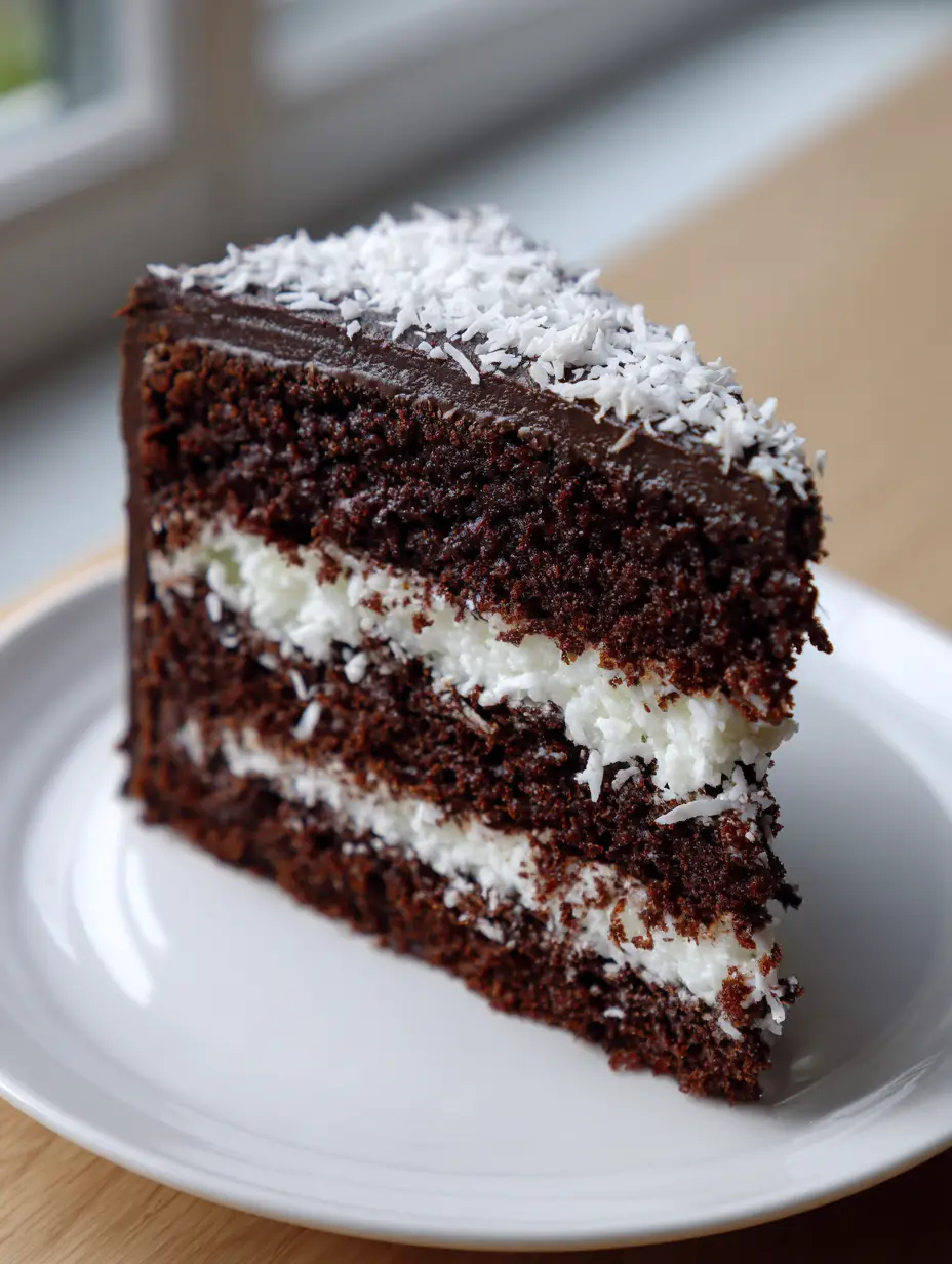 Close up of two dark chocolate cake layers with a bright white coconut cream filling. (Chocolate Coconut Cake)