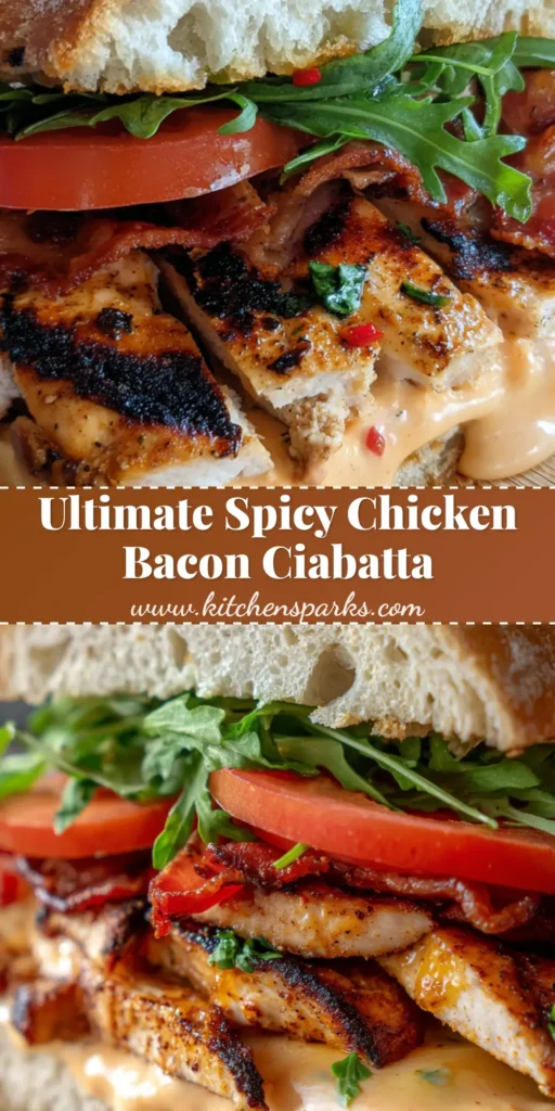 A towering Spicy Grilled Chicken Ciabatta sandwich with visible char marks, melted pepper jack cheese, and crispy wavy bacon on a wooden board.