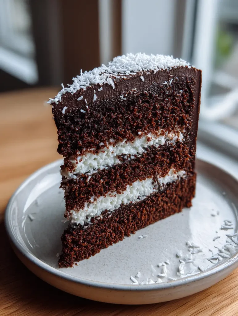 A handheld photo of a tall chocolate coconut cake slice on a white plate.