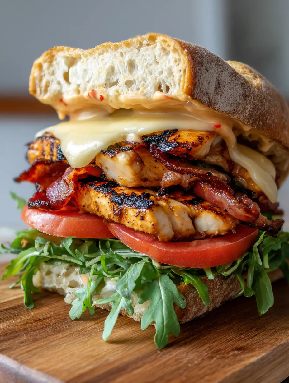 Close-up view of the Spicy Grilled Chicken Ciabatta showing the porous texture of the bread and the pale-orange chipotle aioli.