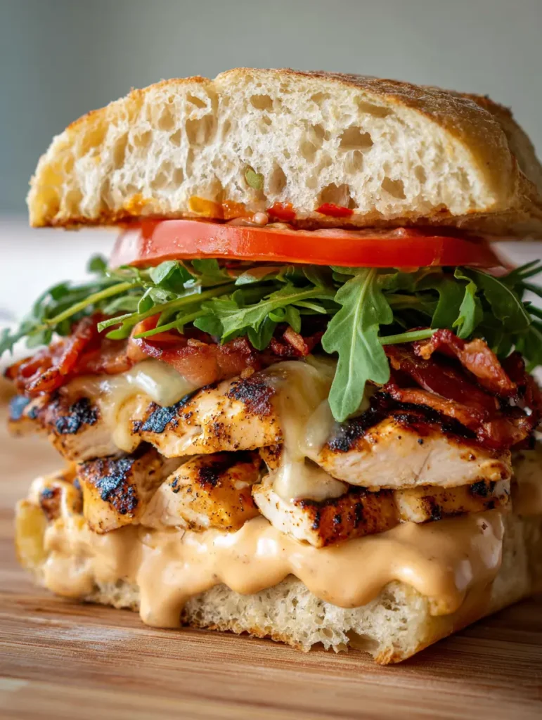 Detailed shot of the melted pepper jack cheese flecks and thick-cut grilled chicken strips inside the Spicy Grilled Chicken Ciabatta.