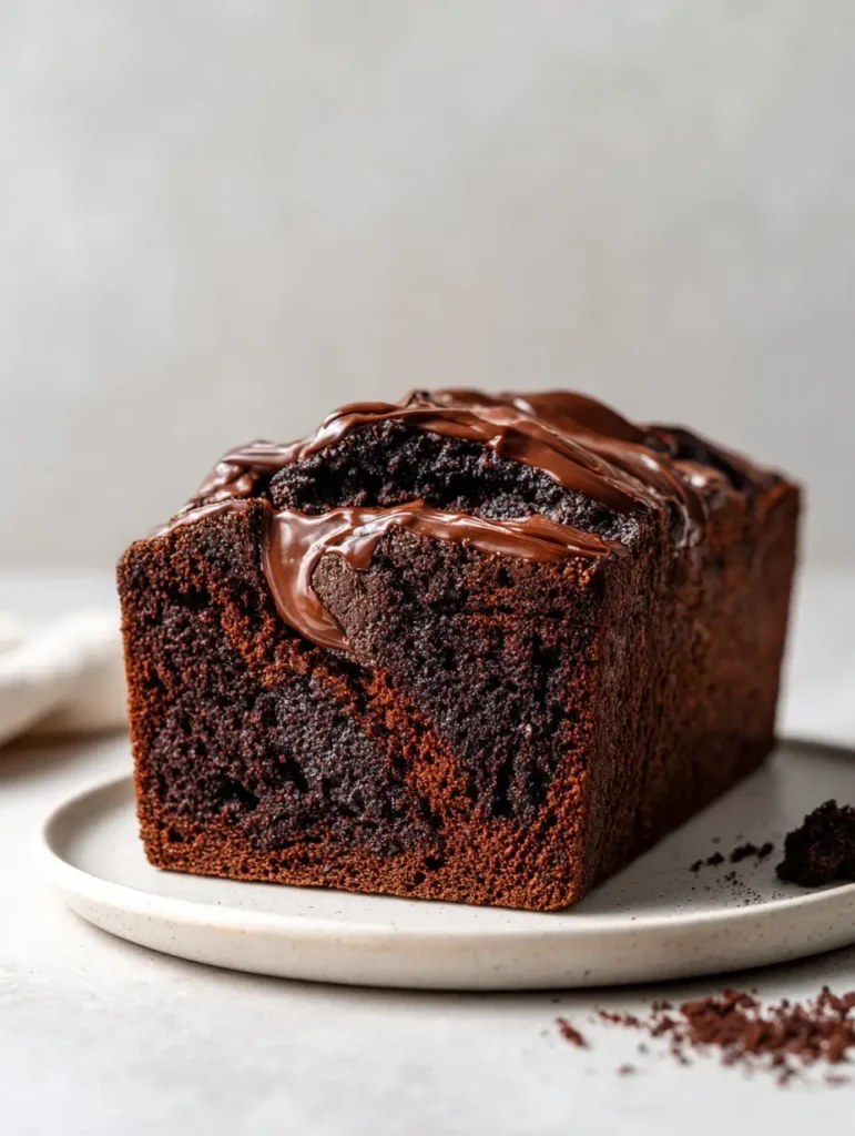 Hot Fudge Brownie Bread with a Crackled Crust 2 A thick rectangular slice of Hot Fudge Brownie Bread on a white plate with visible fudge ribbons.
