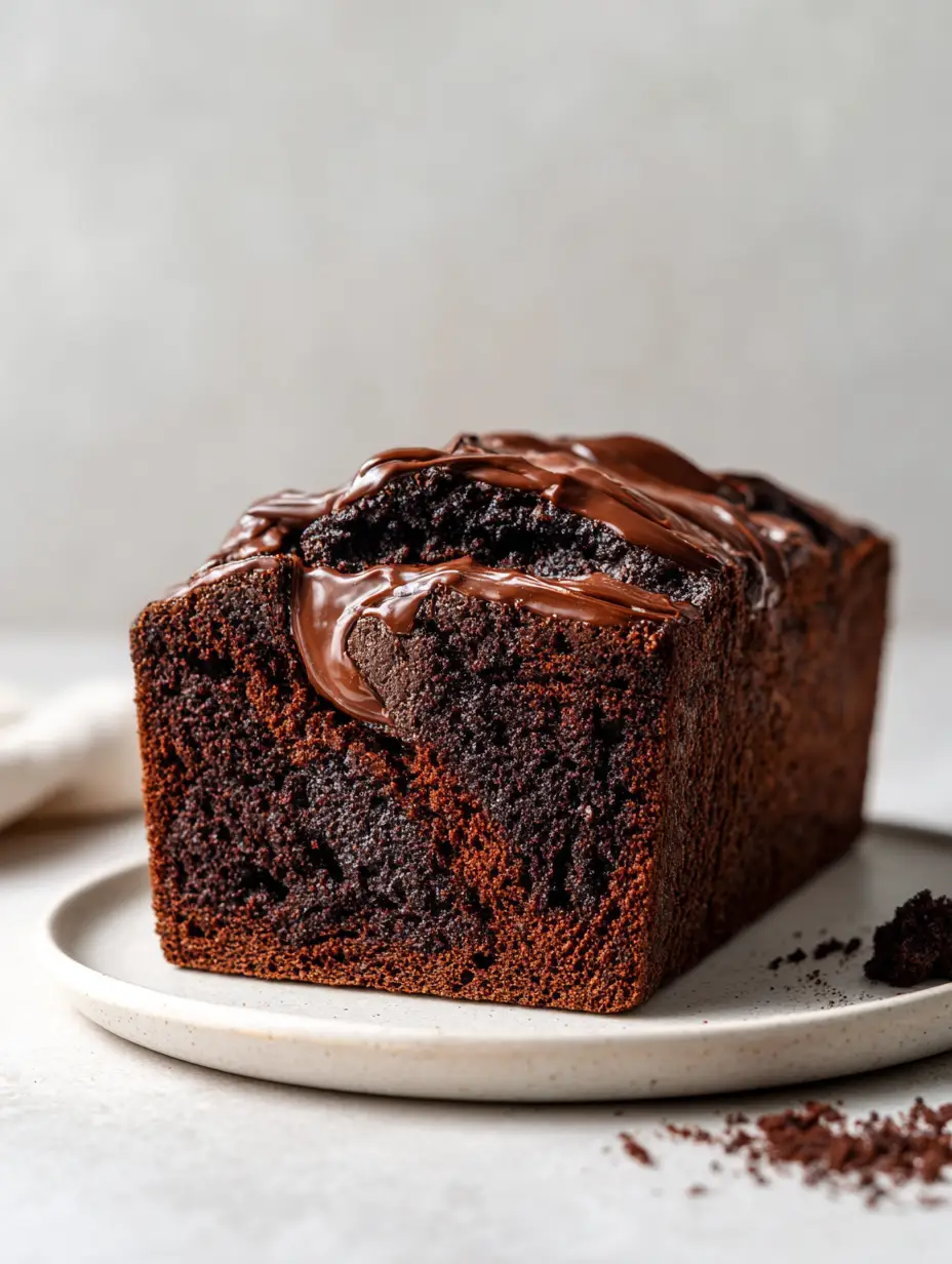 Hot Fudge Brownie Bread with a Crackled Crust 3 A thick rectangular slice of Hot Fudge Brownie Bread on a white plate with visible fudge ribbons.