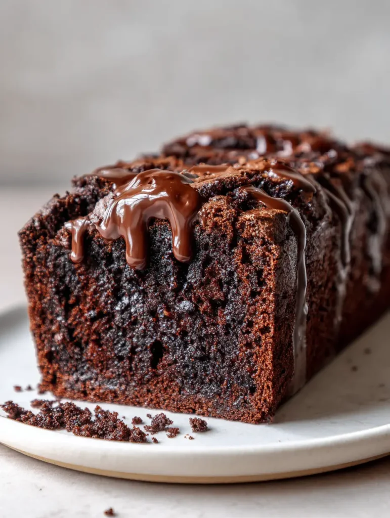 Hot Fudge Brownie Bread with a Crackled Crust 1 Side view of a Hot Fudge Brownie Bread slice highlighting the matte crackled crust texture.