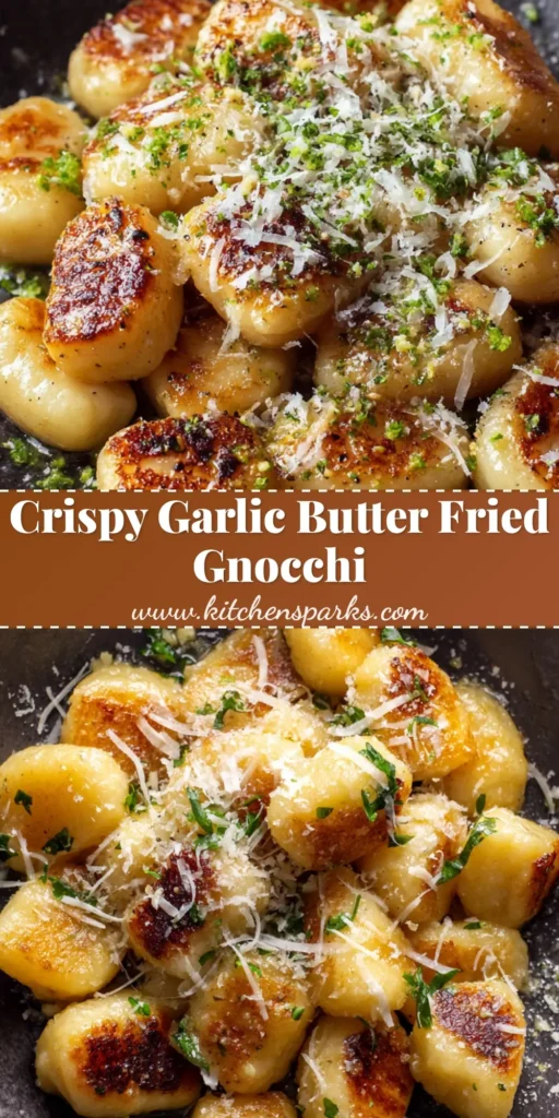 A top-down view of Fried Gnocchi with a golden-brown crust, garnished with parmesan and parsley in a dark bowl.