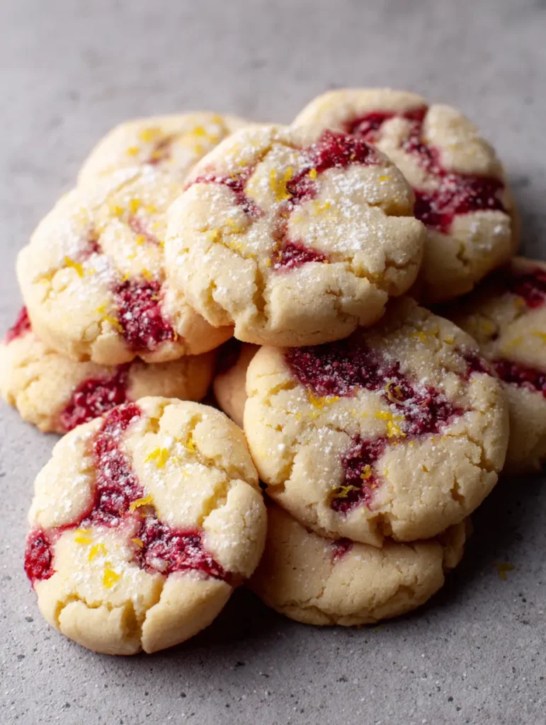 Lemon Raspberry Cookies: The Ultimate Soft-Baked Citrus and Berry Recipe 1 Overlapping Lemon Raspberry Cookies on a grey surface with lemon zest specks visible.