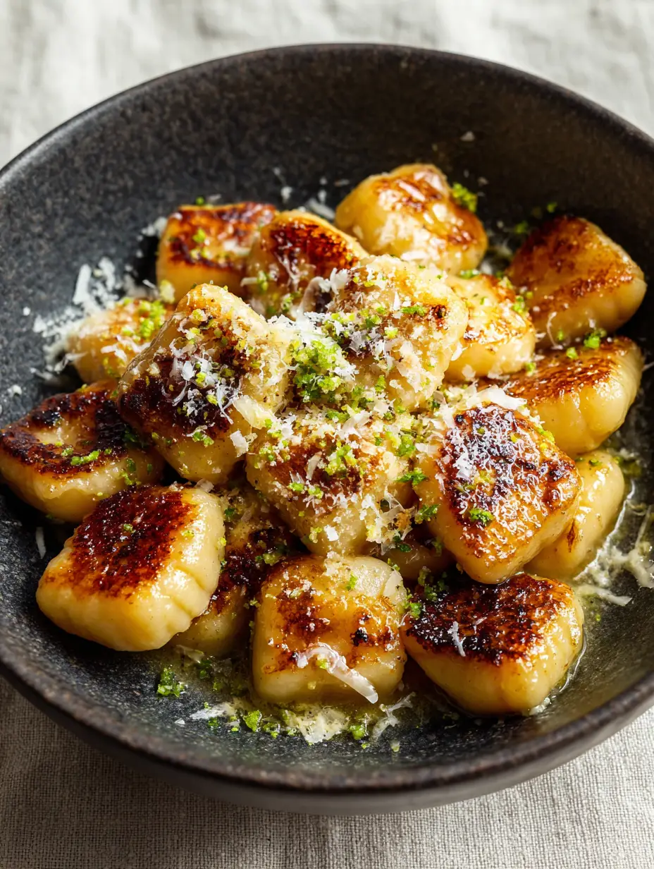 Close-up of Fried Gnocchi showing deep golden sear marks and glossy butter sauce.