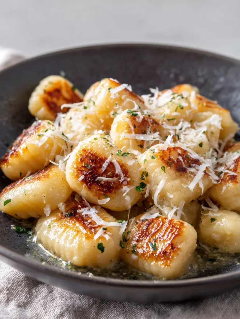 Fried Gnocchi in a ceramic bowl with a heavy dusting of parmesan cheese and parsley flakes.