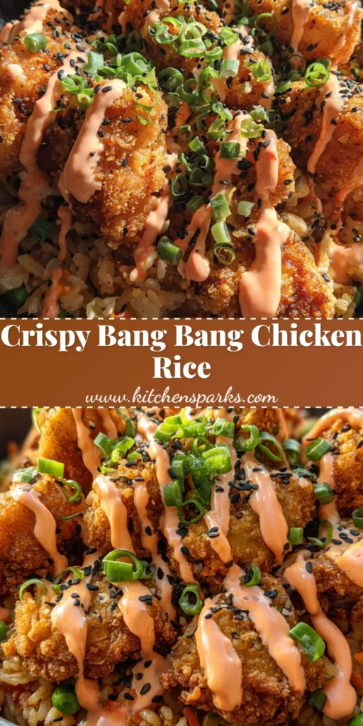 Crispy Bang Bang Chicken Fried Rice with Creamy Spicy Mayo 4 A close-up shot of Crispy Bang Bang Chicken Fried Rice in a dark bowl with a thick zig-zag of spicy mayo and green scallions.