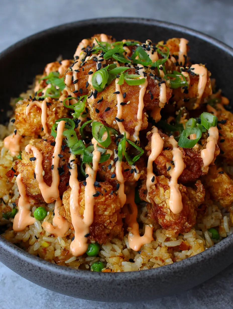 Crispy Bang Bang Chicken Fried Rice with Creamy Spicy Mayo 3 A dark stone bowl filled with savory fried rice, green peas, carrots, and bite-sized crispy fried chicken with a spicy mayo drizzle. (Crispy Bang Bang Chicken Fried Rice)