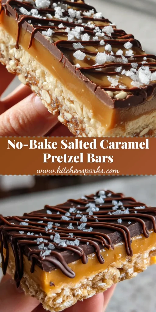 A handheld square of a No-Bake Salted Caramel Pretzel Bar with a thick pretzel base, amber caramel, dark chocolate drizzle, and sea salt flakes.