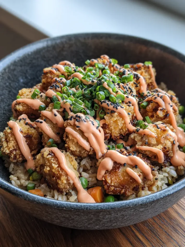Crispy Bang Bang Chicken Fried Rice with Creamy Spicy Mayo 1 Bite-sized pieces of crispy fried chicken breaded in a textured, golden-brown crust on top of fried rice. (Crispy Bang Bang Chicken Fried Rice)