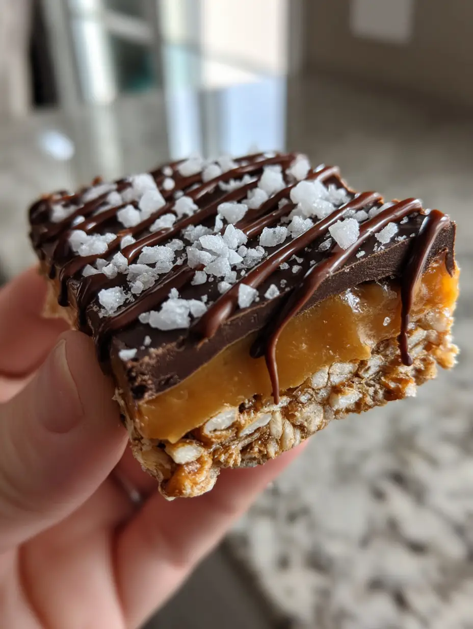 Close up of a No-Bake Salted Caramel Pretzel Bar showing the dense, smooth amber caramel middle and golden-brown pretzel crust.