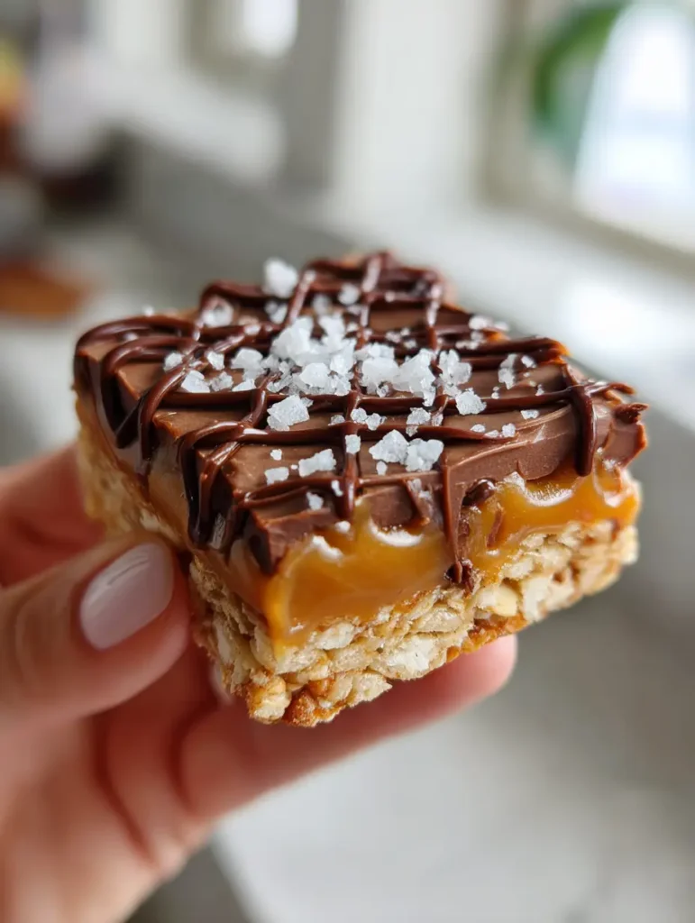 A square No-Bake Salted Caramel Pretzel Bar held against a kitchen background, highlighting the white sea salt flakes and dark chocolate zigzag.
