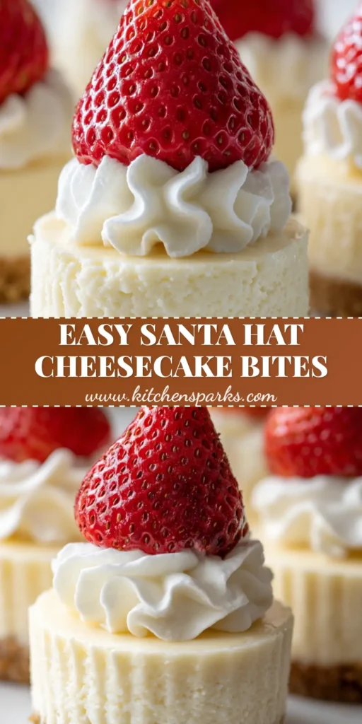 Santa Hat Cheesecake Bites: The Ultimate Festive Holiday Dessert 4 A group of mini Santa Hat Cheesecake Bites on a white platter, featuring vibrant red strawberry hats and piped white whipped cream pom-poms.