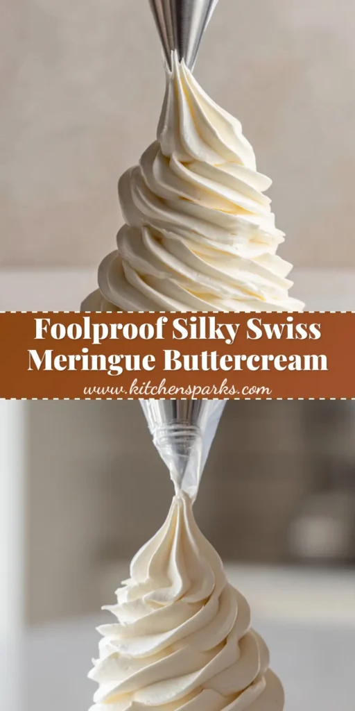 Swiss Meringue Buttercream Recipe: The Ultimate Guide to Silky, Glossy Frosting 4 A close-up of thick, glossy ivory-white Swiss Meringue Buttercream being piped from a clear bag into a voluminous swirl. (Swiss Meringue Buttercream Recipe)