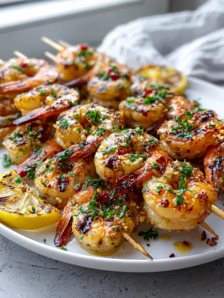 Grilled Shrimp Skewers served on a clean white platter with charred lemon wedges and red pepper flakes.