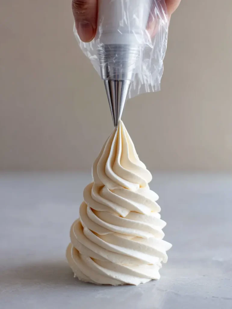 Swiss Meringue Buttercream Recipe: The Ultimate Guide to Silky, Glossy Frosting 2 Handheld smartphone photo of a clear plastic piping bag with a large stainless steel star nozzle filled with ivory Swiss Meringue Buttercream. (Swiss Meringue Buttercream Recipe)