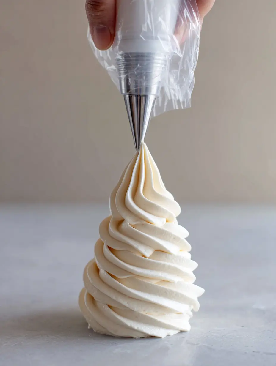 Swiss Meringue Buttercream Recipe: The Ultimate Guide to Silky, Glossy Frosting 3 Handheld smartphone photo of a clear plastic piping bag with a large stainless steel star nozzle filled with ivory Swiss Meringue Buttercream. (Swiss Meringue Buttercream Recipe)