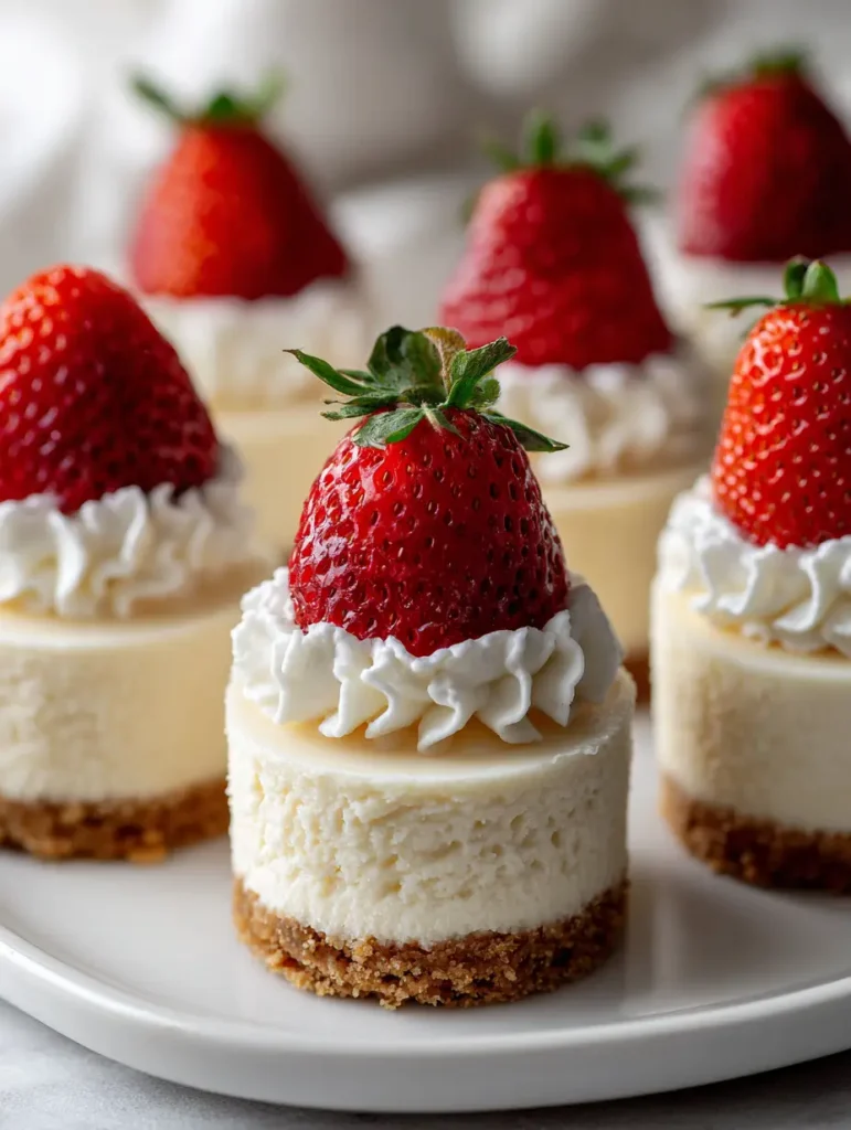 Santa Hat Cheesecake Bites: The Ultimate Festive Holiday Dessert 1 Overhead view of several Santa Hat Cheesecake Bites arranged neatly on a ceramic platter with natural daylight.