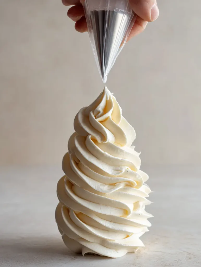 Swiss Meringue Buttercream Recipe: The Ultimate Guide to Silky, Glossy Frosting 1 A voluminous, glossy swirl of ivory-white Swiss Meringue Buttercream with sharp ridges on a light neutral counter.