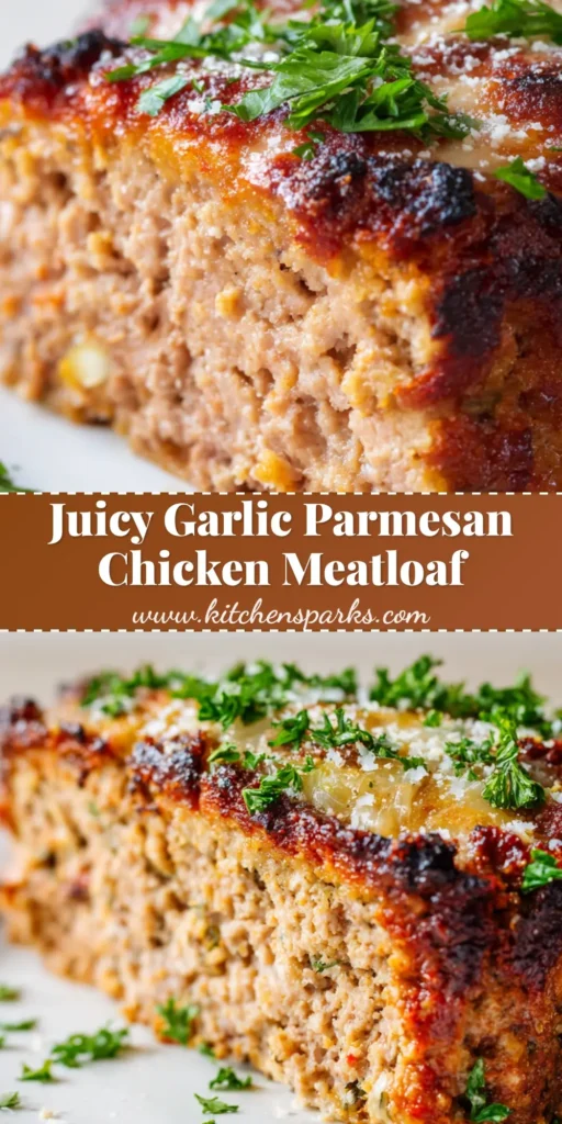 A Pinterest pin showing a thick, rectangular slice of Garlic Parmesan Chicken Meatloaf with a bubbly cheese crust and fresh parsley garnish on a white plate.