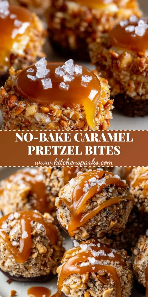A close-up of several round Salted Caramel Pretzel Cheesecake Bites on a white plate, featuring a caramel drizzle and pretzel crust.