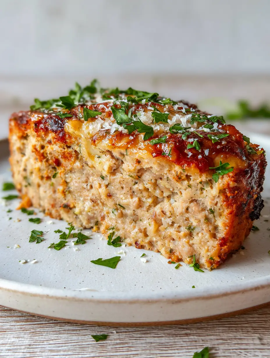 Close-up of a thick slice of Garlic Parmesan Chicken Meatloaf showing the moist, herb-flecked interior and the golden-brown parmesan crust.