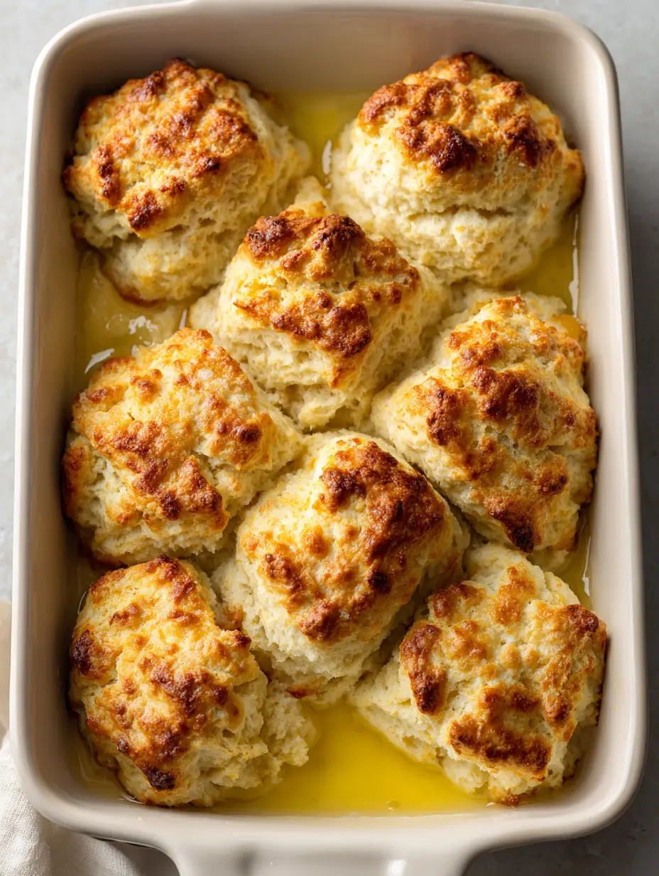 Butter Swim Biscuits: The Ultimate Guide to Fluffy, Golden Buttermilk Bliss 3 Close-up of square-cut Butter Swim Biscuits in a white ceramic baking dish with a shimmering pool of yellow melted butter. (Butter Swim Biscuits)