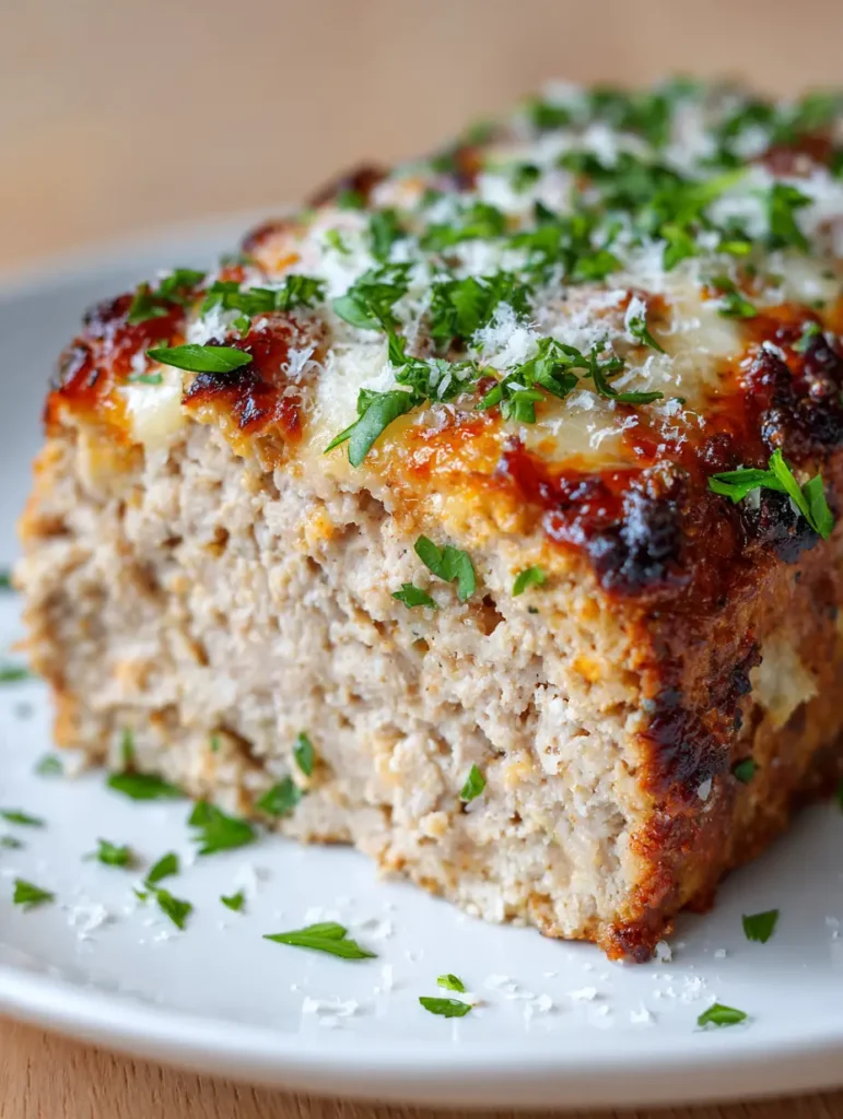 Eye-level shot of Garlic Parmesan Chicken Meatloaf on a white plate, highlighting the bubbly, charred spots on the cheese topping.