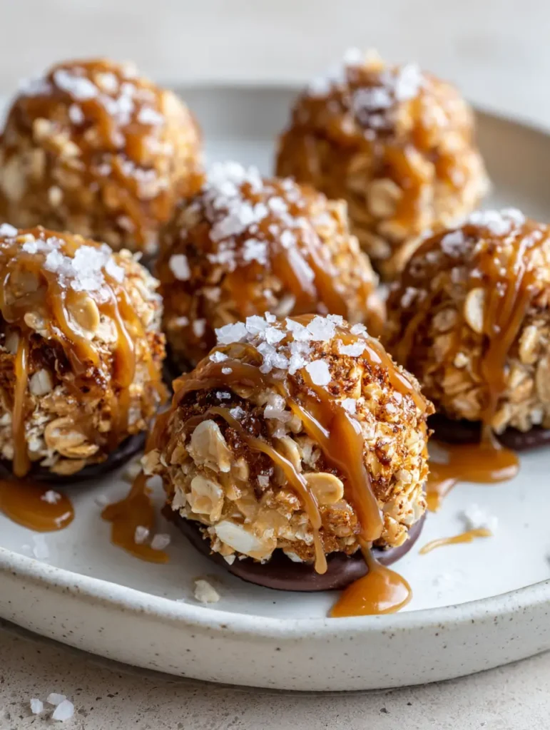 Salted Caramel Pretzel Cheesecake Bites sitting on a dark chocolate wafer base with visible flakes of sea salt.