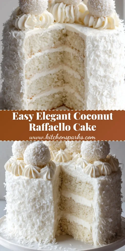 A towering three-tier Coconut Raffaello Cake with white coconut frosting, desiccated coconut flakes, and Raffaello truffles on piped rosettes.