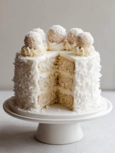 Wide shot of a Coconut Raffaello Cake on a white pedestal, showing the snowy coconut texture and whipped cream rosettes.