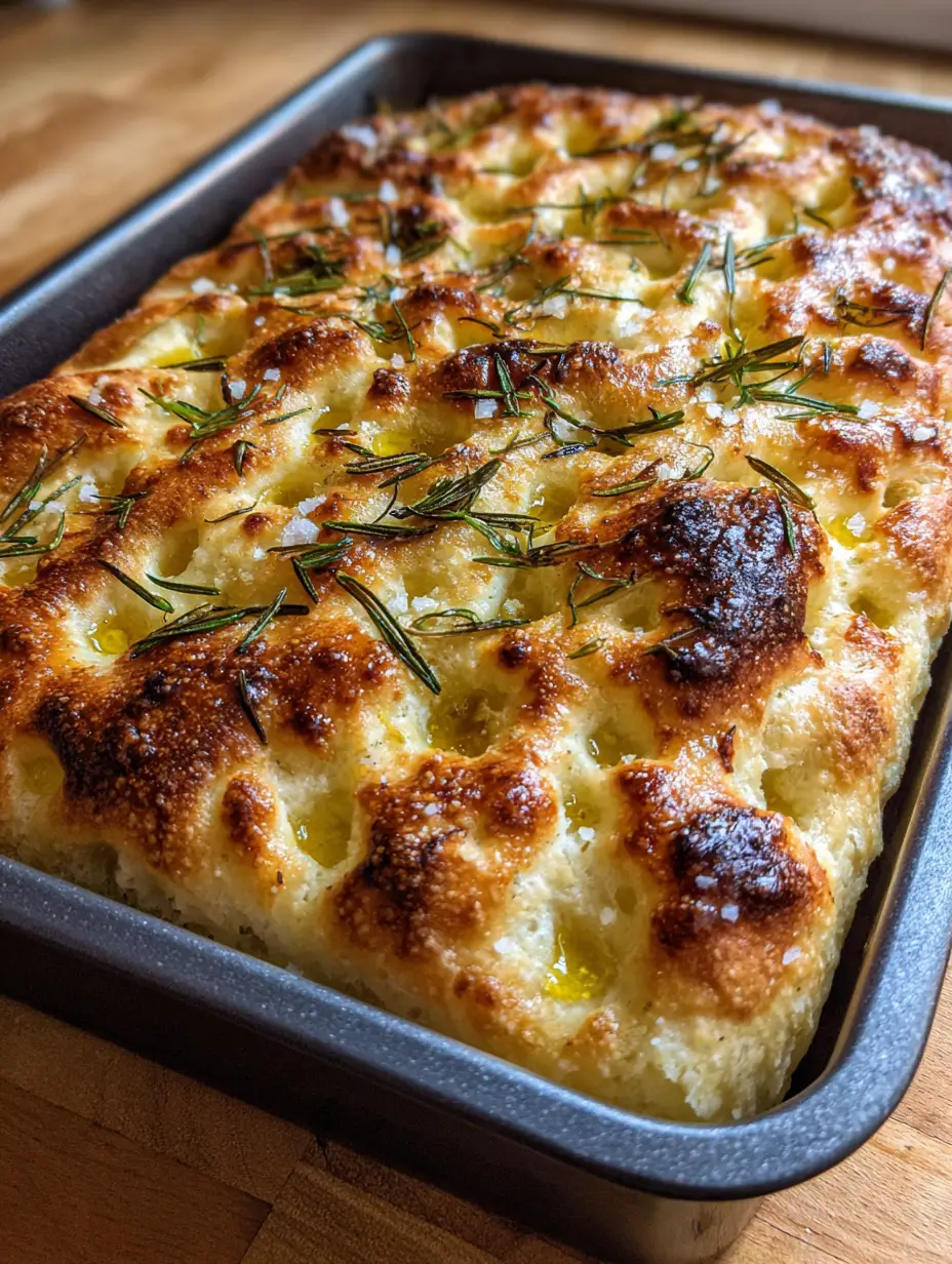 Close up of Sourdough Focaccia showing deep golden brown crust and charred edges on the bubbles.