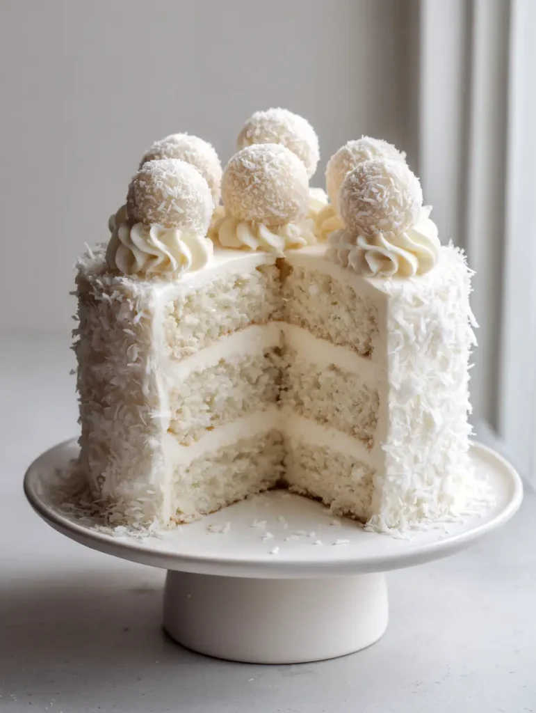 A close-up slice of Coconut Raffaello Cake revealing three distinct white sponge layers and thick coconut cream filling.