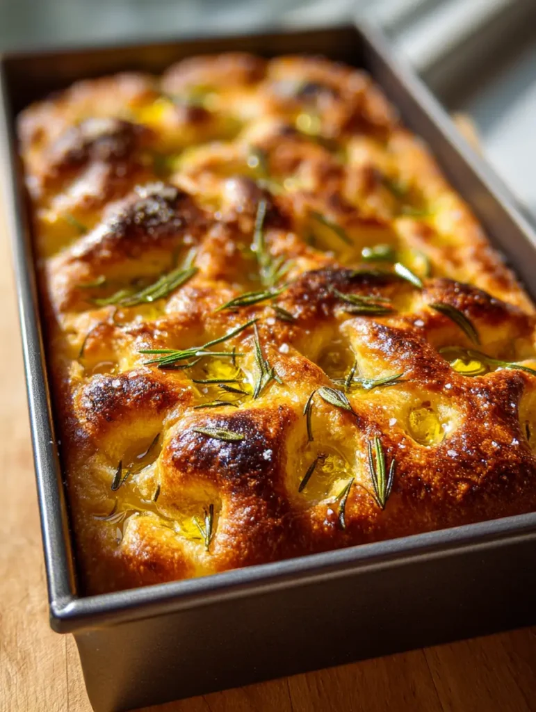 Sourdough Focaccia in a pan with pools of olive oil and fresh rosemary needles.