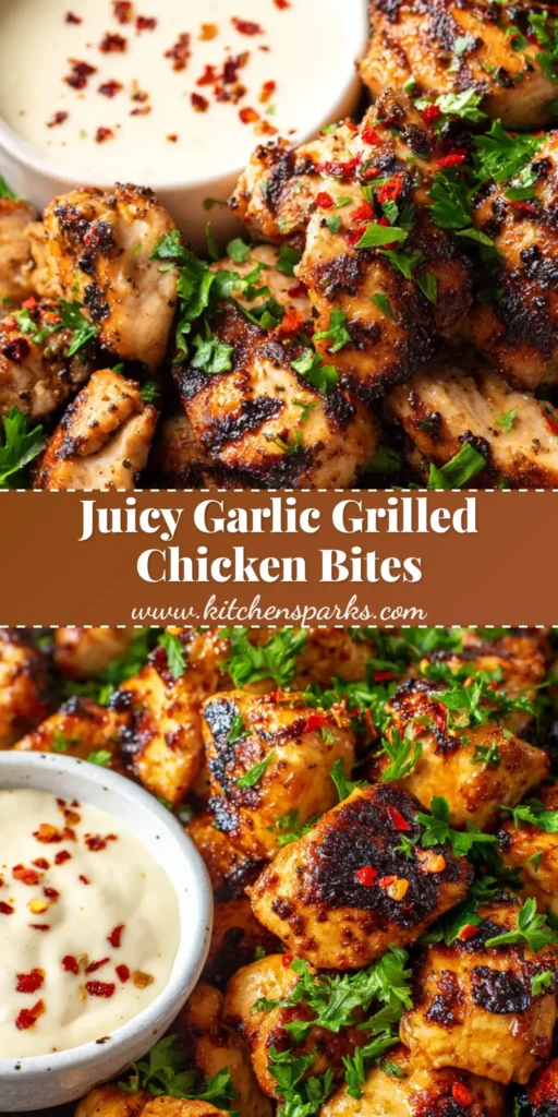A top-down view of charred Grilled Chicken Bites with Garlic Sauce in a dark bowl with a ramekin of creamy sauce.