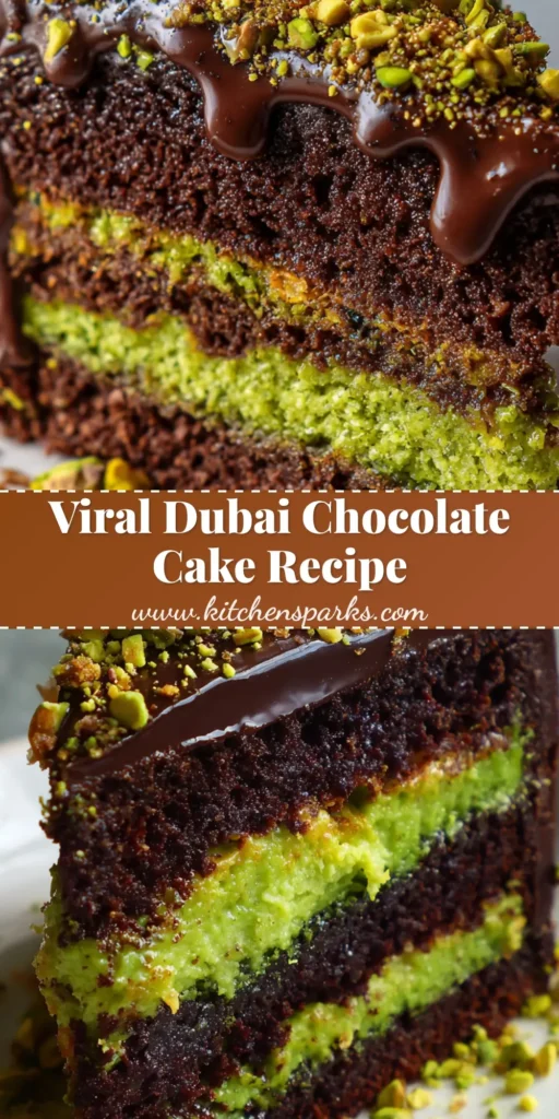 Dubai Chocolate Pistachio Cake: The Ultimate Viral Layer Cake Recipe 4 A tall slice of Dubai Chocolate Pistachio Cake showing thick chocolate sponge and a vibrant neon-green kunafa center on a white plate.