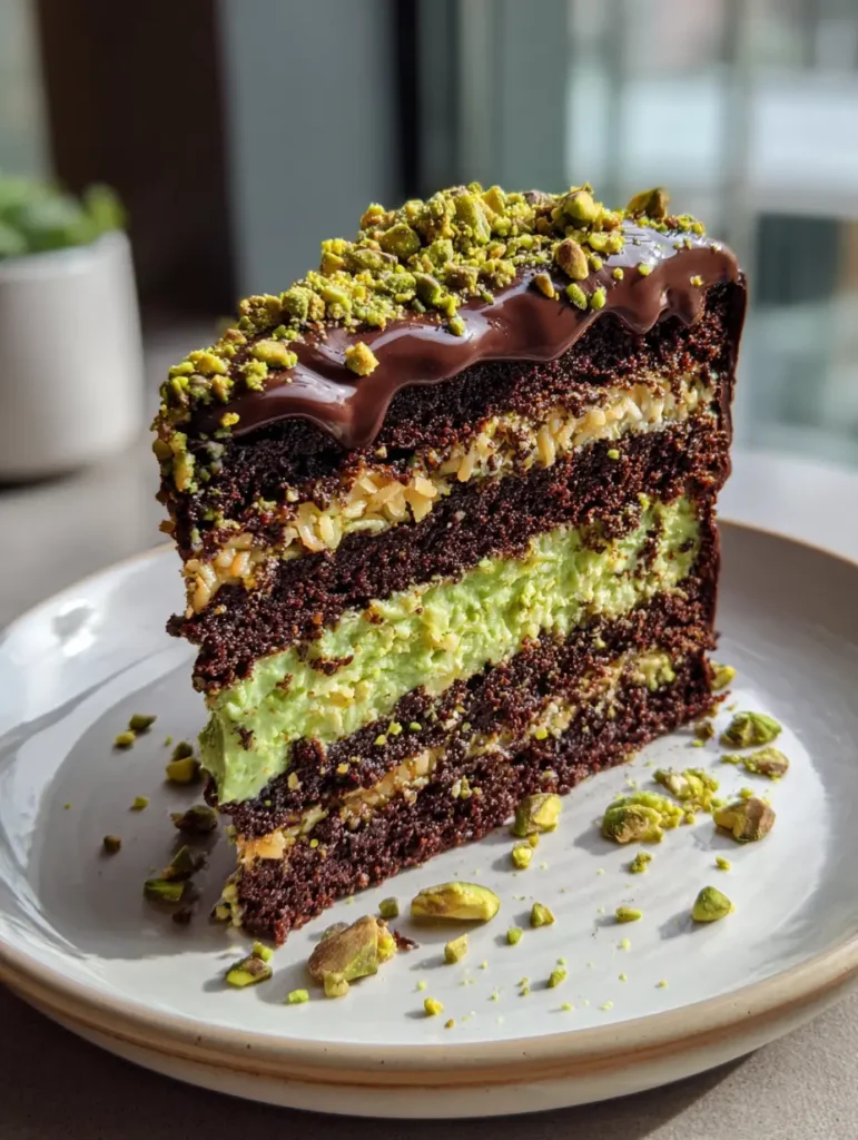 Dubai Chocolate Pistachio Cake: The Ultimate Viral Layer Cake Recipe 2 Close-up side view of a Dubai Chocolate Pistachio Cake slice with thick dark chocolate ganache and crushed pistachios.