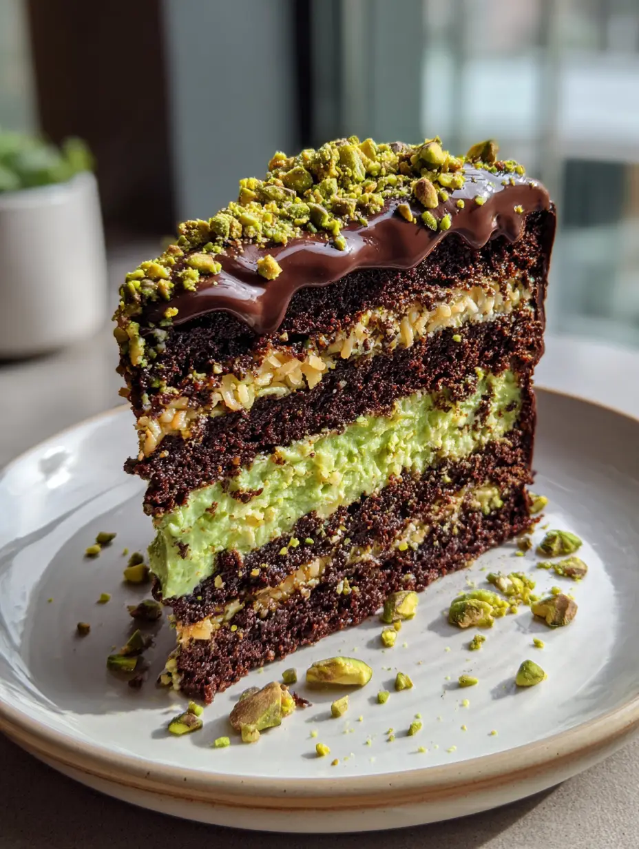 Dubai Chocolate Pistachio Cake: The Ultimate Viral Layer Cake Recipe 3 Close-up side view of a Dubai Chocolate Pistachio Cake slice with thick dark chocolate ganache and crushed pistachios.