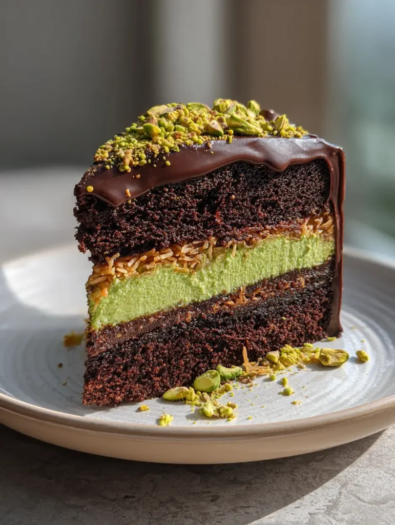 Dubai Chocolate Pistachio Cake: The Ultimate Viral Layer Cake Recipe 1 A close-up of the thick semi-matte dark chocolate ganache cascading over the Dubai Chocolate Pistachio Cake.