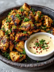 Close up of bite-sized Grilled Chicken Bites with Garlic Sauce showing deep golden brown char marks and fresh parsley.